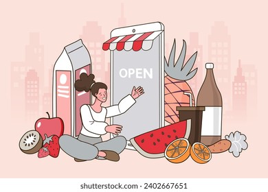 Woman uses online shopping services. Smartphone marketing and e-commerce concept. App on mobile phone. Fresh Groceries Food Delivery. Vector