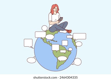 Woman uses online translator in mobile phone to communicate in different languages, sitting on globe. Translator function built into smartphone allows you to chat with people from all over planet