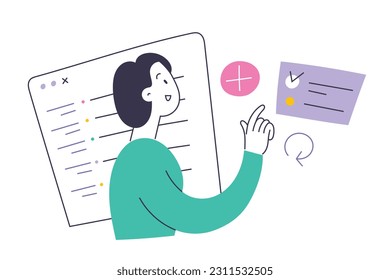 Woman uses a personal organizer application to schedule her day, arrange meetings, events, appointments and tasks to do, female character marks to-do list checkbox as done, flat vector illustration