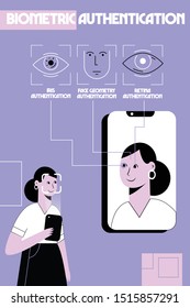 Woman uses phone for recognizing her face. Concept of face identification technology using. Biometric authentication icons on background. Flat vector illustration