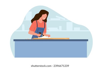 Woman uses planer to work on wooden planks. Female craftsman carpenter in overall carving on wood. Joiner with construction equipment making furniture cartoon flat isolated vector concept