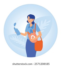 A woman uses reusable bags and plastic bottles. Promote environmentally conscious living. Sustainability concept. Flat vector illustration.