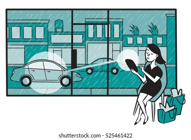 Woman uses a ride sharing app on her smartphone to conveniently call a car while shopping during a rainstorm.