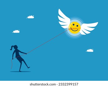 woman uses a rope to bind happiness from escape