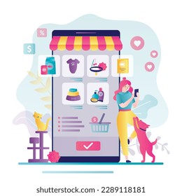 La mujer usa smartphone y elige comida para mascotas y varios accesorios en una tienda online. La tienda electrónica ofrece diferentes productos animales y alimentos. Comercio electrónico, aplicación de mercado, descuentos. Ilustración del vector