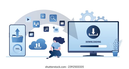 Frauen benutzen Smartphone. Herunterladen von Dateien von Smartphone zu PC. Cloud-Speicher. Synchronisierung von Konten auf verschiedenen Geräten. Sichere Datenspeicherung. Informationen sichern. Trendige Vektorgrafik