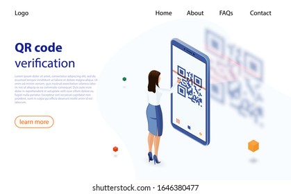 Woman uses a smartphone to scan QR code. Qr code payment, online shopping, E-wallet, cashless technology concept. Scan QR code to Mobile Phone. Landing page, template, mobile app, banner