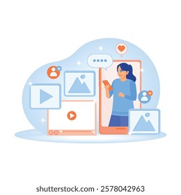 A woman uses a smartphone with social media icons. Online interaction, communication, and sharing of digital content. Concept of Young People Using Smartphones. Flat vector illustration.