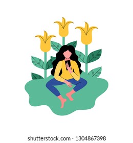 Woman uses a smartphone. Vector illustration in flat style.