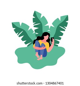 Woman uses a smartphone. Vector illustration in flat style.
