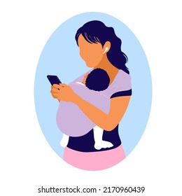 Woman Uses A Smartphone While Holding A Baby In A Kangaroo Bag. Mom Wearing Child In A Sling. Mother's Free Hands. Newborn Laid Back Nursing Care. 