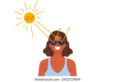 Woman uses sunglasses to protect eyes from ultraviolet radiation and avoid damage to retina from bright rays. Girl wears sunglasses, using preventive measures against occurrence of vision cancer