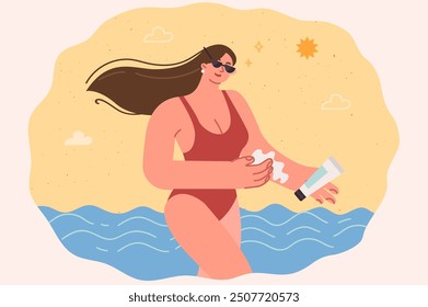 Woman uses sunscreen walking along beach in swimsuit and protecting skin from uv radiation. Smiling girl resting on sea coast, applying sunscreen to hand to avoid sunburn and heatstroke
