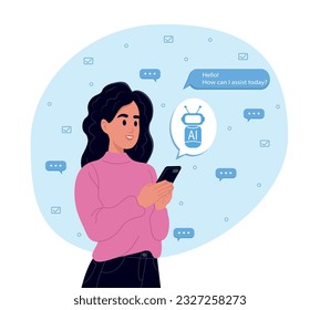 Woman uses the technology of a smart AI robot. Chat concept, artificial intelligence. Dialogue between the AI assistant and the user in the messenger.