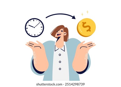 La mujer utiliza la gestión del tiempo para aumentar los ingresos personales, se para cerca del reloj y la moneda. Concepto de intercambiar tiempo por dinero y ganar dinero a través de la consultoría o el empleo en la empresa