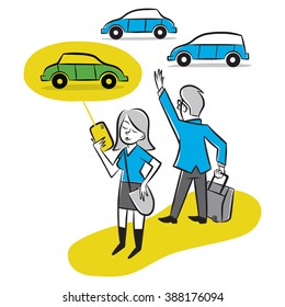 Woman uses a transportation app to conveniently call a car.
