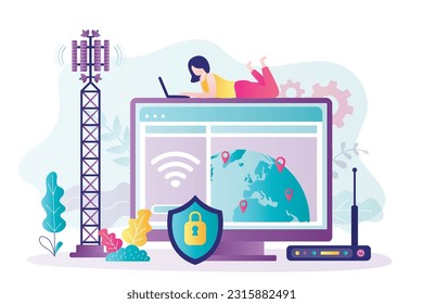 Woman uses wireless technologies. Free Wi Fi hotspot zone. Communication tower with antenna. Devices connected in global network. Wireless access point, router with safe connection. User with laptop.
