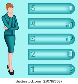 Mujer utilizando 5 pasos para identificar problemas u oportunidades en el proceso de toma de decisiones. Concepto de negocio. Ilustración vectorial 2D.