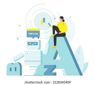 Woman Using AI Chatbot Translator, Flat Vector Illustration. Artificial Intelligence Foreign Languages Translation, Online Support.