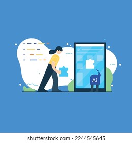 Mujer que usa IA para desarrollar su aplicación por teléfono. Utilizar la IA para ayudar a trabajar más rápido y a cansarse menos. Ilustración plana mínima.