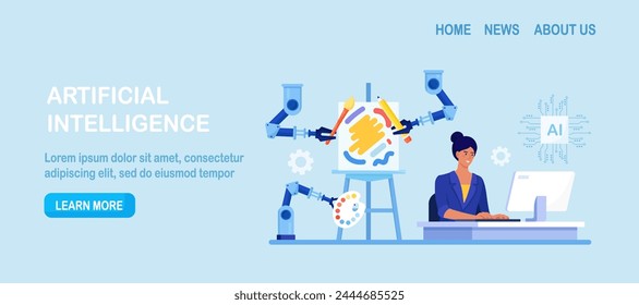 Woman using AI-generated art technology on computer to create stunning works of art. Artificial intelligence generated artwork. Robotic arm create paintings controlled by computer algorithm