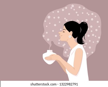 Woman using an aromatherapy diffuser, surrounded by an essential oil fragrance, EPS 8 vector illustration