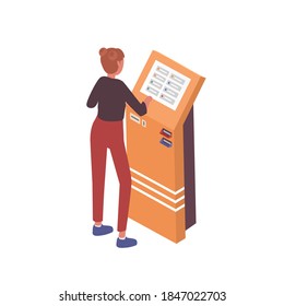 Woman Using ATM Or Cash Dispenser. Modern Self Service Payment And Transaction Machine. Person Making Payments By Banking Service. Flat Vector Cartoon Isometric Illustration On White Background