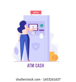 Mujer usando máquina de atm con dinero. El cliente se encuentra cerca de atm. Concepto de banca, retiro de cajero automático, servicio de banco digital. Ilustración vectorial en diseño plano para UI, banner web, aplicación móvil