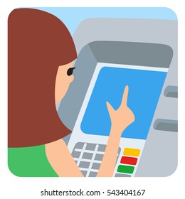 Woman using ATM machine. Vector illustration square icone isolated white background.