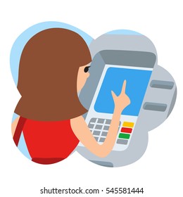 Woman using ATM machine. Vector illustration icon in cloud isolated white background.