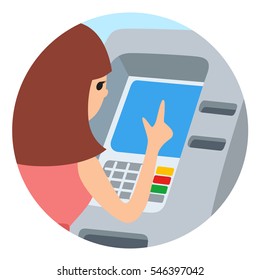 Woman using ATM machine. Vector illustration round icone isolated white background.