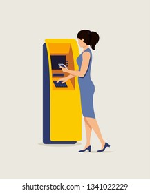 Woman using ATM and smartphone vector illustration. Lady typing PIN at cash machine flat clipart. Cartoon character withdrawing money from debit card. Financial transaction isolated design element