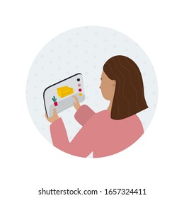 Woman Using Augmented Reality Application For Interior Furniture Shopping To Chose Sofa In Her Home Apartment. Round Circle Sticker Flat Vector Illustration For Modern Technology Usability Project.