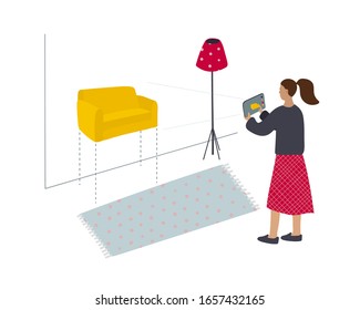 Mujer que usa la aplicación de la Realidad Aumentada para comprar muebles de interior para elegir un sofá en su apartamento. Ilustración vectorial plana de escena doméstica para la promoción de proyectos de usabilidad de tecnología moderna.
