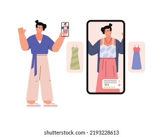 Woman using augmented reality during shopping, flat vector illustration isolated on white background. Character trying on new clothes with smartphone and AR.
