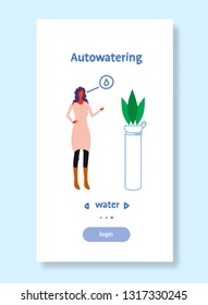 woman using auto watering application smart house technology system concept female cartoon character full length sketch flow style vertical
