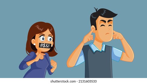 
Woman Using Bad Language in Couple Quarrel Fight Vector Illustration. Furious angry girlfriend yelling some bad hateful words in couple fight argument
