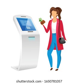 Woman using bank terminal flat color vector faceless character. Girl with money near automated teller machine isolated cartoon illustration on white background. Cash self service equipment
