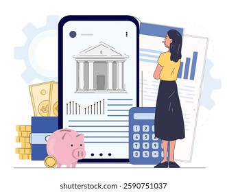 A woman using a banking app on phone with financial elements like piggy bank, coins, calculator, and charts on white background. Concept of finance. Vector illustration