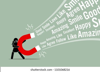 Woman using a big magnet to attract social media likes. Vector artwork illustration depicts the concept of social media attraction, likes, hype, viral and the Internet technology.