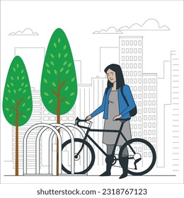 Woman Using Bike Rent Service in Big City. Girl Taking Bicycle for Traveling, Sports Life or Spare Time. Cartoon Flat Vector Illustration. Bicycle rental service, guy rents bike. Bike parking. 