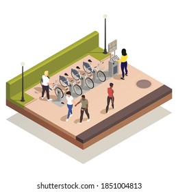 Woman using bike rental station with interactive interface in street 3d isometric composition vector illustration