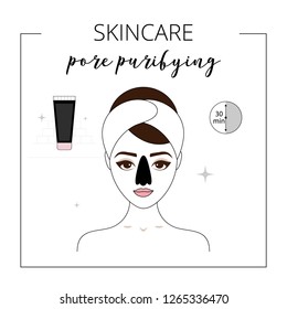 Woman using  black mask, pore purifying, blackheads, taking care about face. Lined vector illustration. 