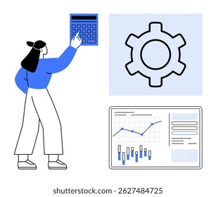 Woman using calculator next to gear icon and analytics chart. Ideal for business strategy, financial planning, productivity, technical operations, data analysis, workflow optimization