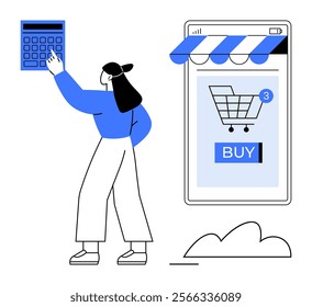 A woman using a calculator, standing beside an online shopping app on a smartphone screen. Ideal for online shopping, e-commerce, digital transactions, financial calculations, modern retail