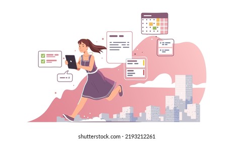 Woman using calendar, event schedule, social media applications on tablet computer on the go. Person messaging, checking app reminders in city. Communication, planning concept flat vector illustration