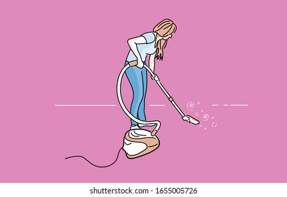 Woman Using Canister Vacuum Cleaner