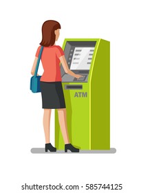 woman using cash atm machine vector illustration