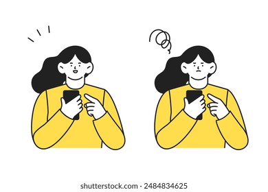 Woman using a cell phone, set of two illustrations of positive and negative facial expressions