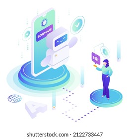 Woman Using Chatbot Translation Mobile App, Flat Vector Isometric Illustration. AI Chatbot Translator.